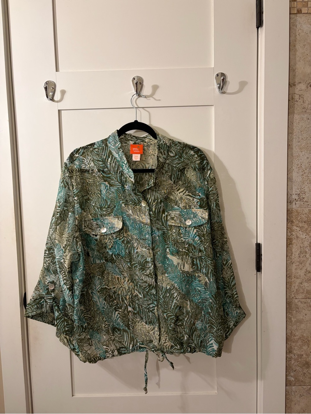 hearts of palm Green and Teal Leaf-Print Drawstring Jacket